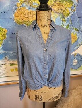 Express Light Blue Button-Front Twist Hem Shirt